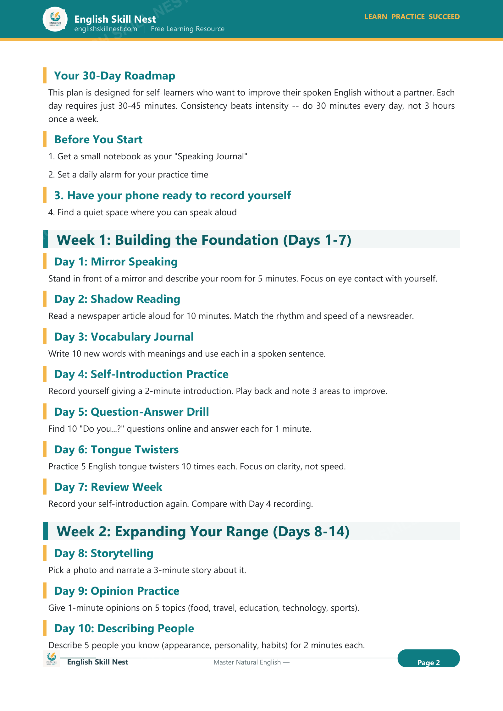30-Day English Speaking Practice Plan - page 2 preview