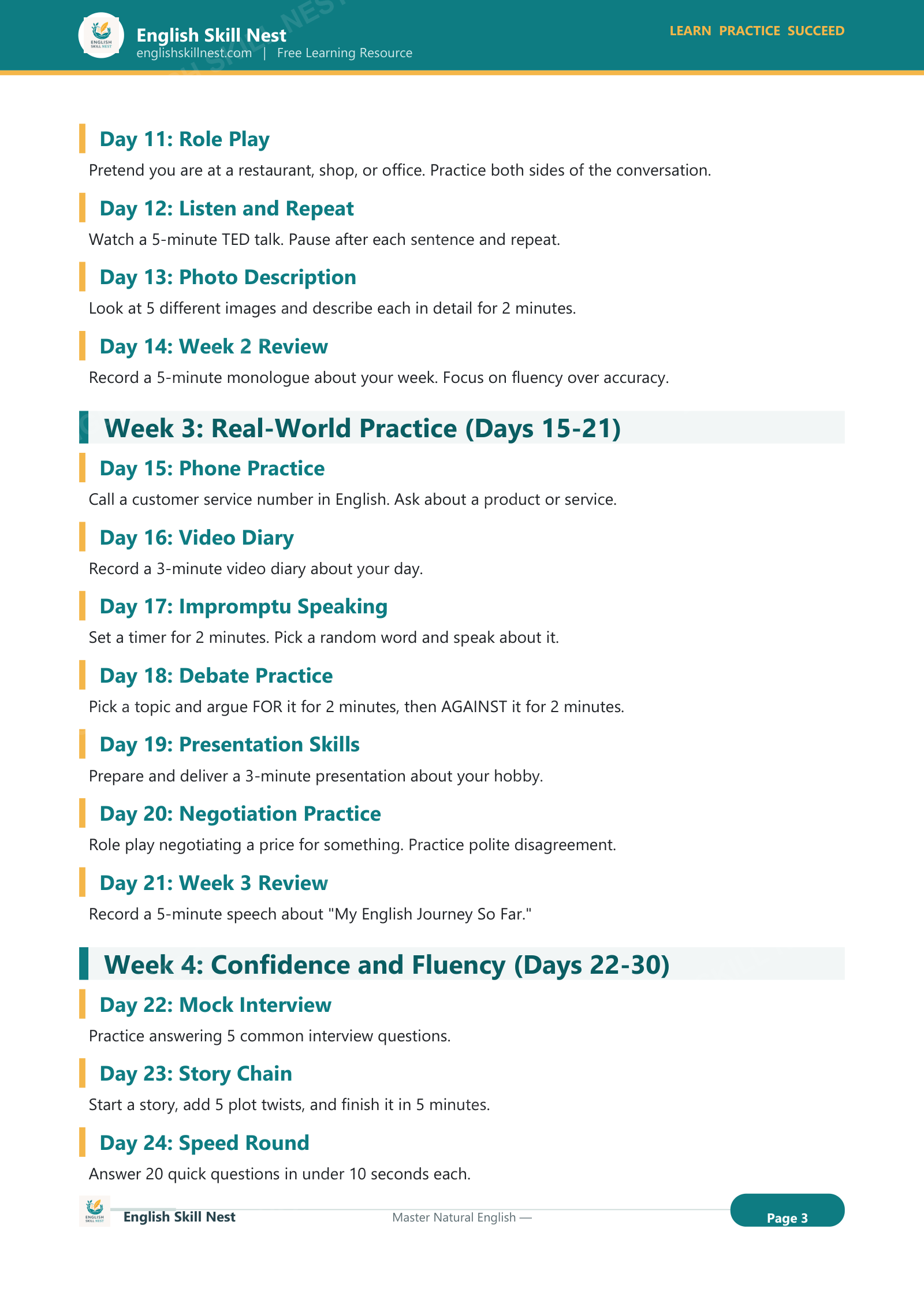 30-Day English Speaking Practice Plan - page 3 preview